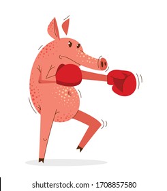 Funny cartoon pig boxing training in gloves vector illustration, animal character swine drawing.