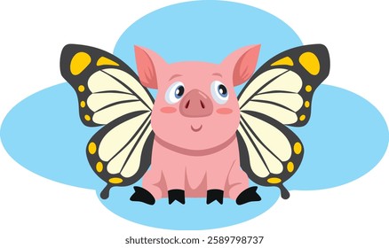 
Funny Cartoon Pig with Butterfly Wings Vector Mascot. Adorable funny piggy metamorphosis in beautiful insect 
