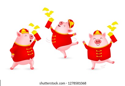 Funny cartoon pig characters wearing Chinese costume. Happy Chinese New Year concept. Happiness piggy dancing. Illustration isolated on white background.