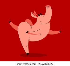 Funny cartoon pig dancing like a ballet vector illustration, active happy enjoying animal swine character drawing.