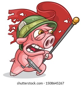 Funny cartoon pig with flag