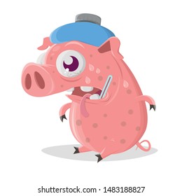 funny cartoon pig has the flu