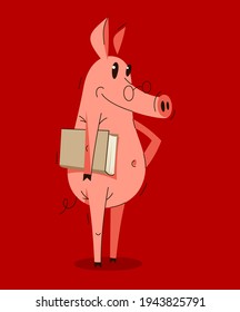 Funny cartoon pig holding a book student or professor vector illustration, smart swine education theme humorous animal character drawing.