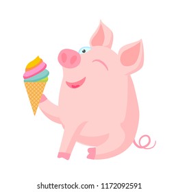 Сute, funny cartoon pig with ice cream isolated on white background. Cheerful children's character. Vector illustration in a flat style.