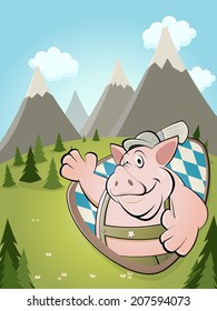 funny cartoon pig with idyllic background