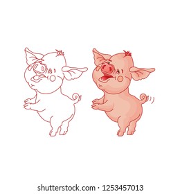 Funny cartoon pig isolated on white. Linear and colorful images. Vector illustration of smiling piglet. A mascot of 2019 New Year. Cute character for seasonal greetings and message.