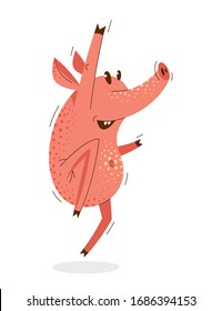 Funny cartoon pig jumping and saying Yes humorous vector illustration, animal character swine shows success and victory, happy winner.