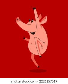 Funny cartoon pig jumping and saying Yes humorous vector illustration, animal character swine shows success and victory, happy winner.