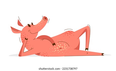 Funny cartoon pig lays down on a ground and relaxing resting vector illustration, happy enjoying animal swine character drawing.