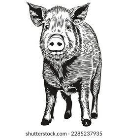 Funny cartoon Pig, line art illustration ink sketch hog
