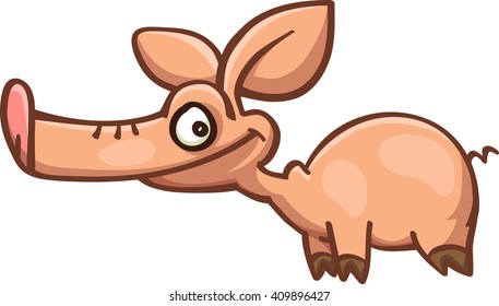 funny cartoon pig with long snout, vector, isolated on white
