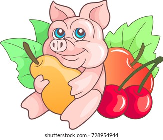 funny cartoon pig with a pear
