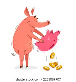 Funny cartoon pig with piggybank pulls out coins savings vector illustration, money finance theme humorous animal swine character drawing.