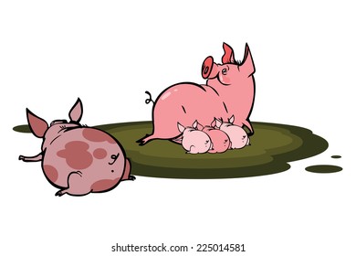 Funny cartoon pig with piglets in the mud. Vector illustration