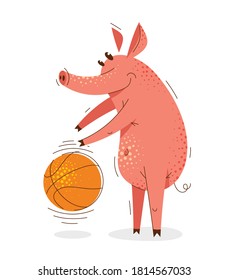 Funny cartoon pig plays basketball with big ball vector illustration, active happy enjoying animal swine character drawing.