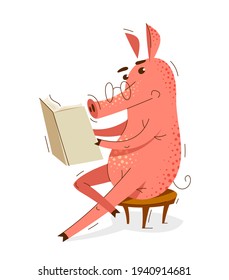 Funny cartoon pig reading a book vector illustration, smart swine education and literature hobby theme humorous animal character drawing.