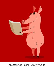 Funny cartoon pig reading a book vector illustration, smart swine education and literature hobby theme humorous animal character drawing.
