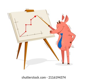 Funny cartoon pig shows on graph chart diagram with wooden pointer like a businessman presentation seminar vector illustration, happy animal swine character drawing.