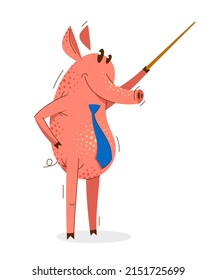 Funny cartoon pig shows on something with wooden pointer like a businessman presentation vector illustration, happy animal swine character drawing.