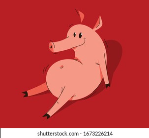 Funny cartoon pig sitting on ground adorable and humorous vector illustration, animal character swine drawing.