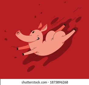 Funny Cartoon Schwein rutscht auf schmutzige Vektorgrafik, Aktivität glücklich genossen, die Tier-Schweine-Charakterzeichnung.