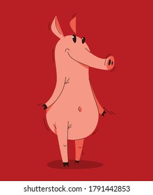 Funny cartoon pig standing adorable and humorous vector illustration, animal character swine drawing.