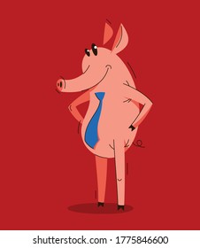 Funny cartoon pig stands wearing tie like a businessman, confident business man swine humorous illustration, animal character drawing.