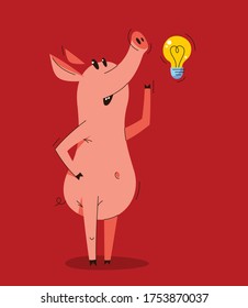 Gracioso cerdo de dibujos animados pensando en alguna idea mostrada con ilustración vectorial de bombilla, dibujo feliz de personajes de cerdo inteligente.