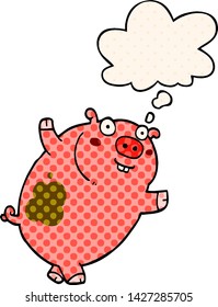 funny cartoon pig with thought bubble in comic book style