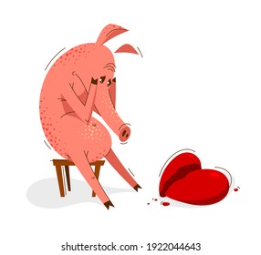 Funny cartoon pig upset and depressed sitting and crying because of broken heart vector illustration, breakup loneliness relationship mate lover, animal character swine drawing.
