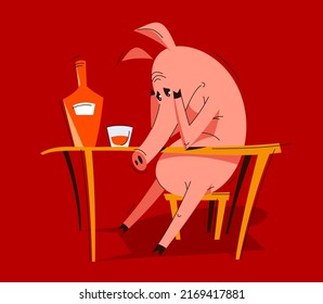 Funny cartoon pig upset and depressed sitting and drinking alcohol vector illustration, animal character swine drawing.
