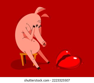 Funny cartoon pig upset and depressed sitting and crying because of broken heart vector illustration, breakup loneliness relationship mate lover, animal character swine drawing.