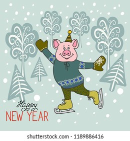 A funny cartoon pig in warm clothes on skates. Piglet symbol of the Chinese new year. Isolated objects on white background. Vector illustration
