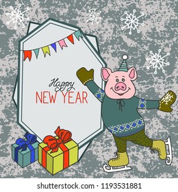 A funny cartoon pig in warm clothes on skates. Piglet symbol of the Chinese new year. New Year card Vector