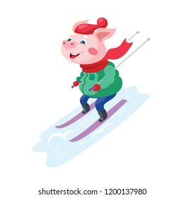 A funny cartoon pig in warm clothes on skis.