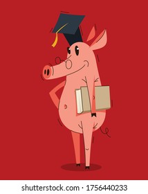 Funny cartoon pig wearing student hat and holding a book graduate student vector illustration, smart swine education theme humorous animal character drawing.