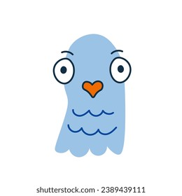 Funny cartoon pigeon head in doodle style. Vector illustration of surprised blue city bird on white background. Humor. Character. Mascot. Childish animal design. 