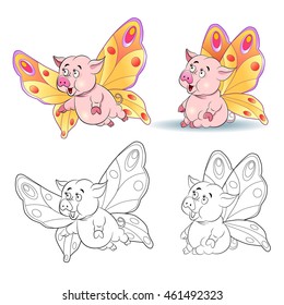 Funny cartoon piggy image of a butterfly. Sitting and flying. Coloring book.