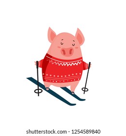 Funny cartoon piglet on skis isolated on white. Excellent for postcard, poster, festive advertising, stickers and so on.
