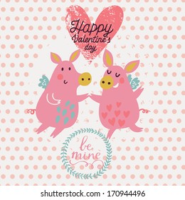 Funny cartoon piglets on romantic Valentines day card in vector