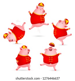 Funny cartoon pigs characters wearing Chinese costume. Happy Chinese New Year concept. Happiness pigs dancing. Illustration isolated on white background.