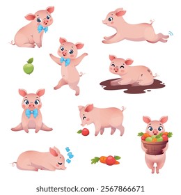 Funny cartoon pigs. Cute farm animals play, eat vegetables, bathe in mud, little pink porks, kids mascot, various poses, happy actions and emotions, childish characters, isolated vector set