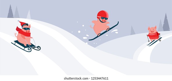 Funny cartoon pigs sliding ,skiing and snowboarding on a winter snowy background. Winter sport activity. Excellent for the design of postcards, posters, stickers and so on.