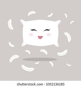 Funny cartoon Pillow with feathers on grey background. Happy Vector illustration for kids, invitation on Pajama Party, poster, t-shirt print and postcards.