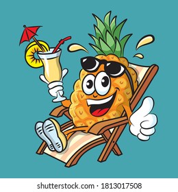 Funny cartoon pineapple character drinking Pina Colada cocktail having fun and relaxing on sunbed. Cartoon vector illustration isolated on turquoise background.