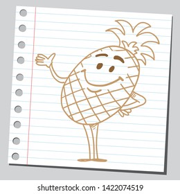 Gracioso personaje de caricatura de piña parado y sonriente.