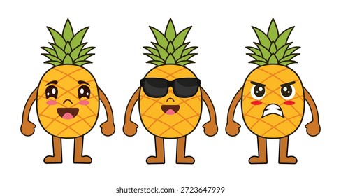 Divertidos personajes de dibujos animados de piña con emociones felices, geniales y enojadas