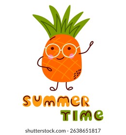 Funny cartoon pineapple with glasses. Summer Time text. Design for kids, tropical themes, greeting cards, prints, or summer decorations