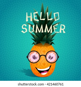 Funny cartoon pineapple in the sunglasses.Fruit character for juice.Hello summer.Vector illustration