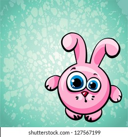 Funny cartoon pink bunny with big blue eyes on a green background.